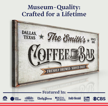 Coffee Bar Sign IX canvas with distressed design, rustic wood frame by Tailored Canvases on Tampa Home & Garden Store