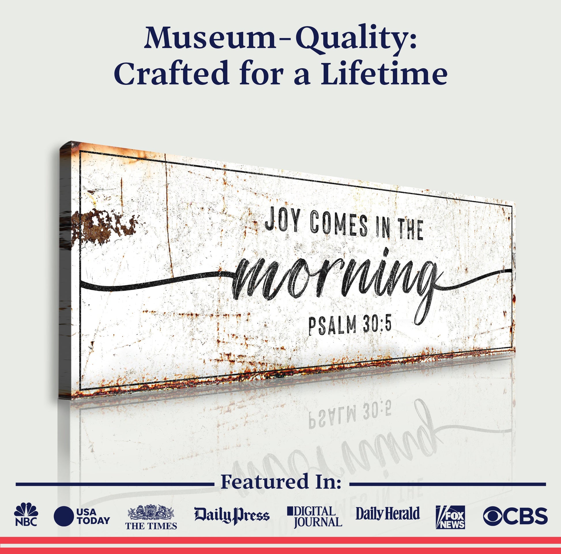 Joy Comes In The Morning Faith Sign canvas by Tailored Canvases; rustic distressed white canvas on Tampa Home & Garden Store