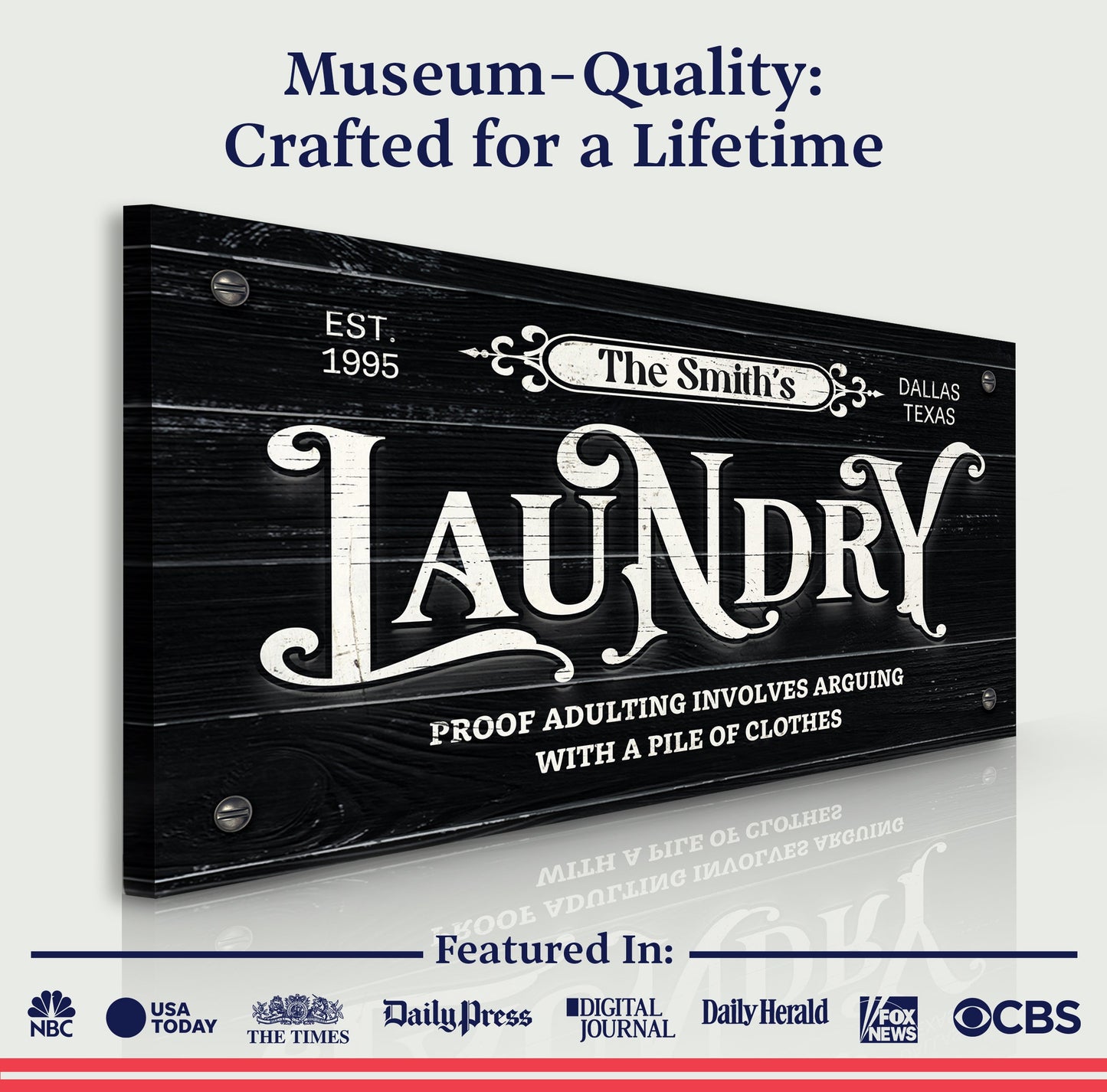 Canvas Laundry Room Sign VII by Tailored Canvases, black wood panel with white lettering on Tampa Home & Garden Store