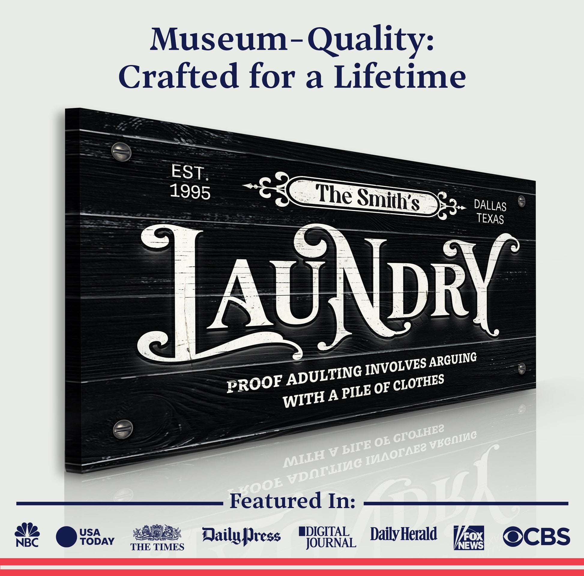 Canvas Laundry Room Sign VII by Tailored Canvases, black wood panel with white lettering on Tampa Home & Garden Store