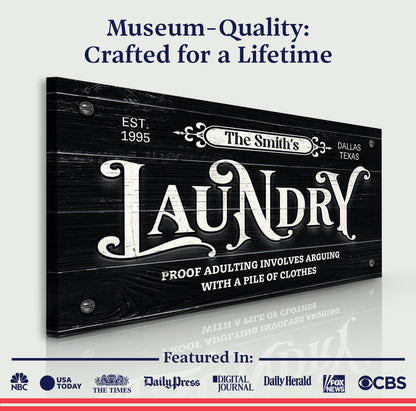 Canvas Laundry Room Sign VII by Tailored Canvases, black wood panel with white lettering on Tampa Home & Garden Store