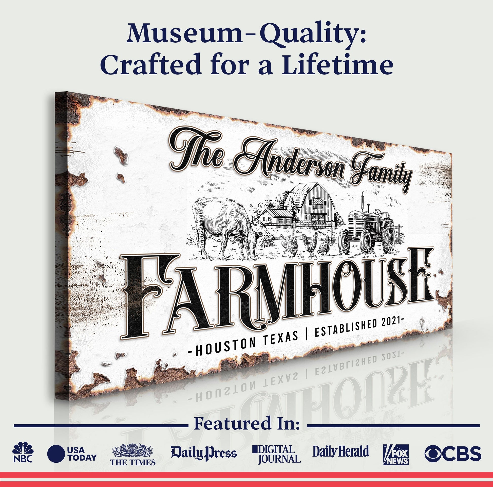 Personalized Farmhouse Sign III canvas by Tailored Canvases with rustic edges and farm scene on Tampa Home & Garden Store