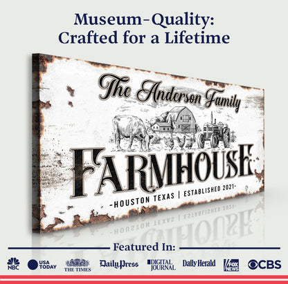 Personalized Farmhouse Sign III canvas by Tailored Canvases with rustic edges and farm scene on Tampa Home & Garden Store