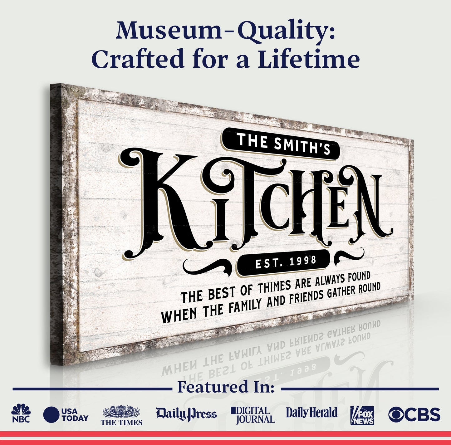 Kitchen Sign VII canvas by Tailored Canvases with distressed wood background on Tampa Home & Garden Store