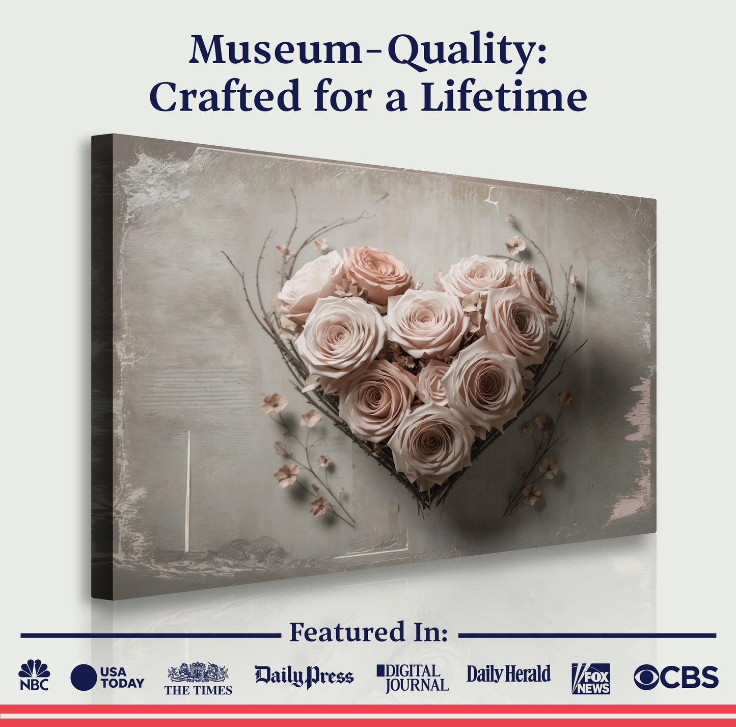 Floral Heart Wall Art canvas by Tailored Canvases, pink roses bouquet on rustic gray background on Tampa Home & Garden Store