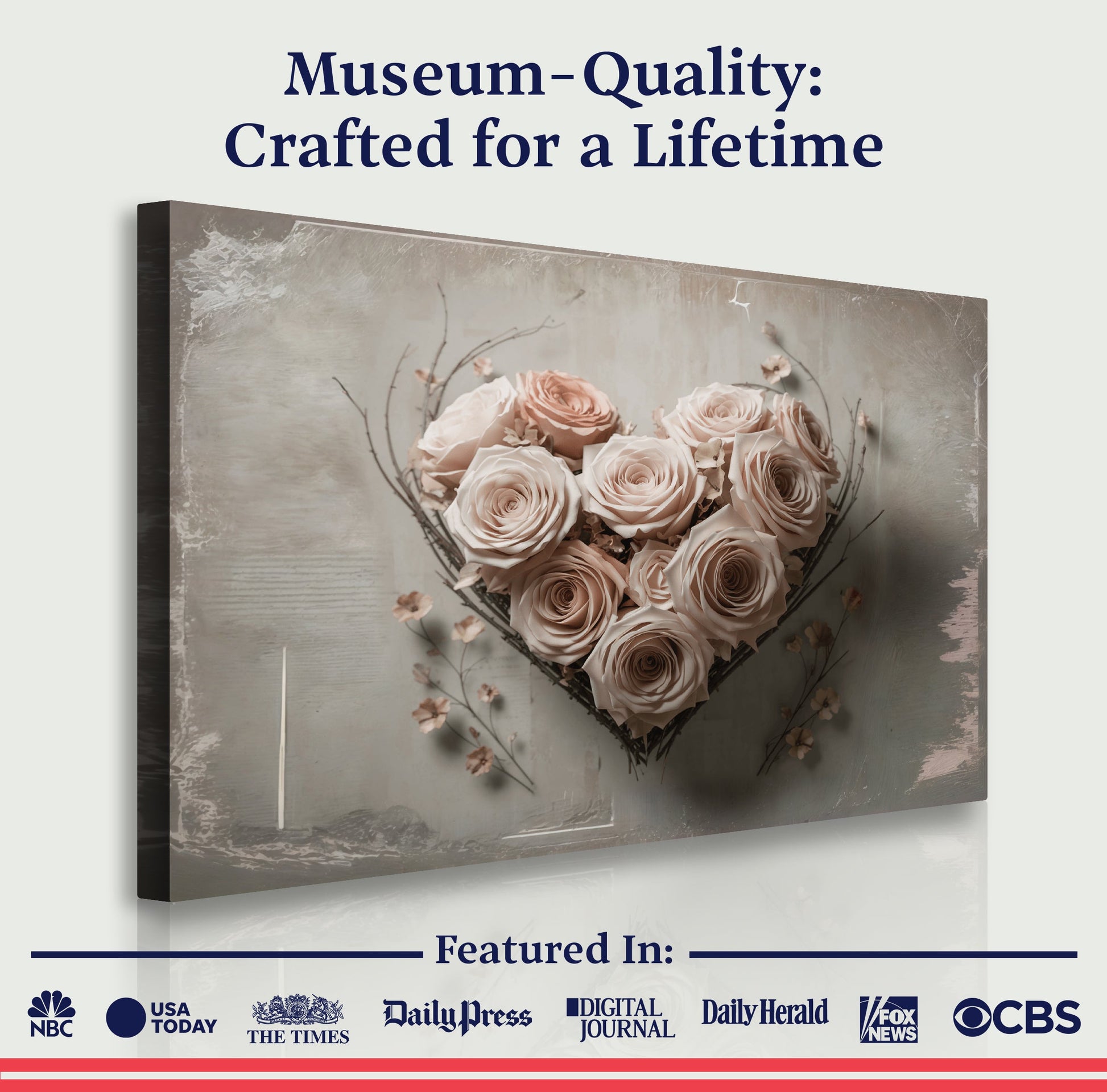 Floral Heart Wall Art canvas by Tailored Canvases, pink roses bouquet on rustic gray background on Tampa Home & Garden Store