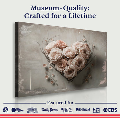 Floral Heart Wall Art canvas by Tailored Canvases, pink roses bouquet on rustic gray background on Tampa Home & Garden Store