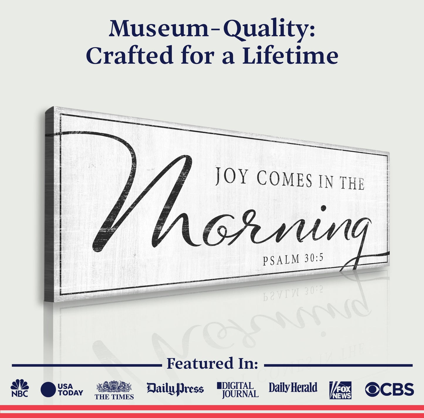 Joy Comes In The Morning Faith Sign IV canvas by Tailored Canvases with white backdrop and script on Tampa Home & Garden Store