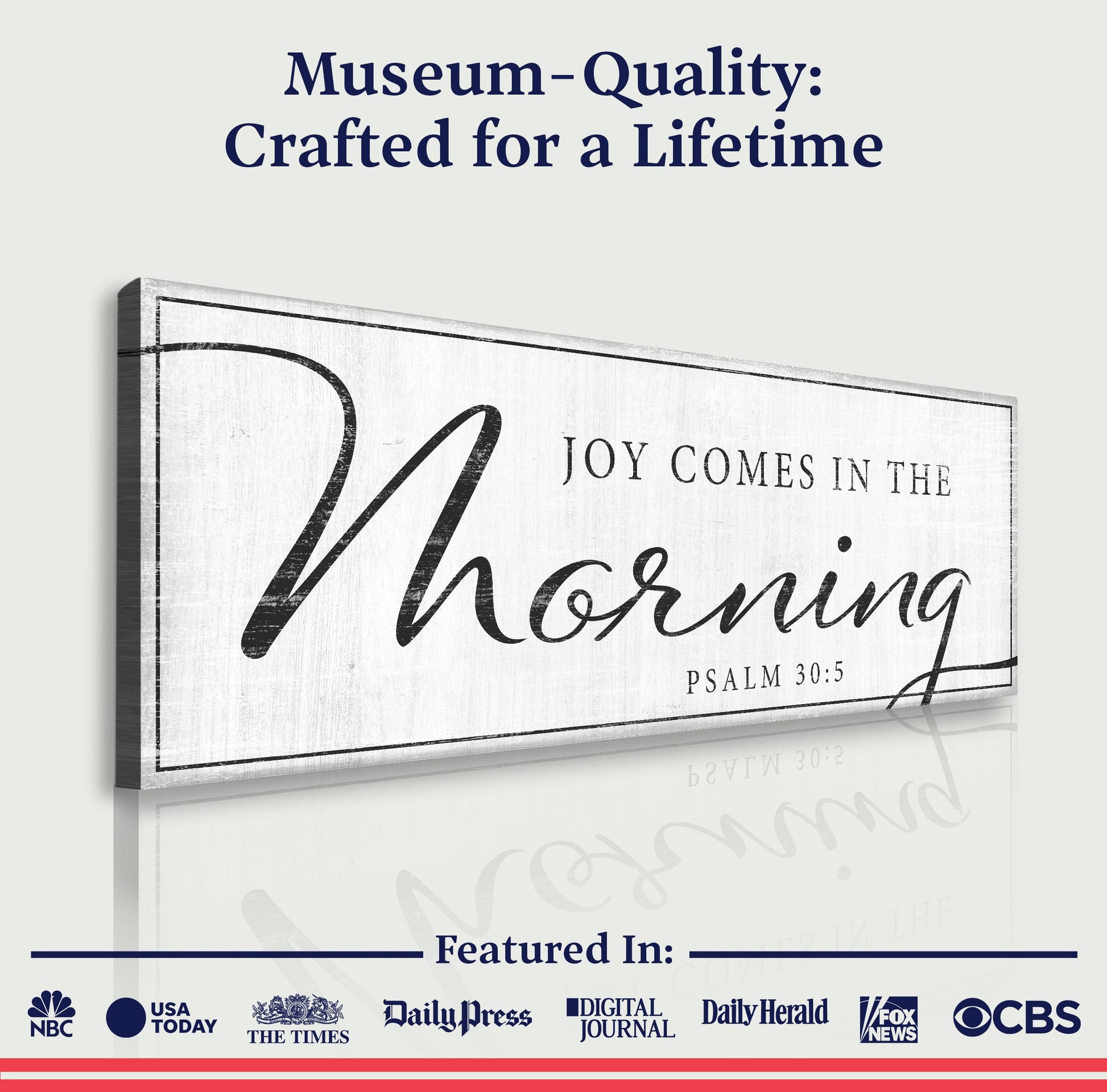 Joy Comes In The Morning Faith Sign IV canvas by Tailored Canvases with white backdrop and script on Tampa Home & Garden Store