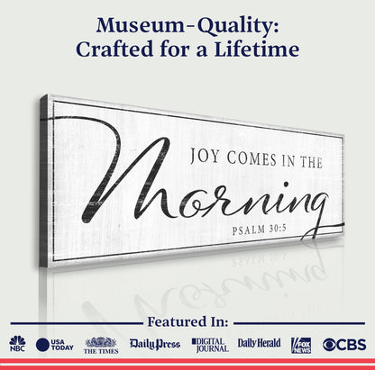 Joy Comes In The Morning Faith Sign IV canvas by Tailored Canvases with white backdrop and script on Tampa Home & Garden Store
