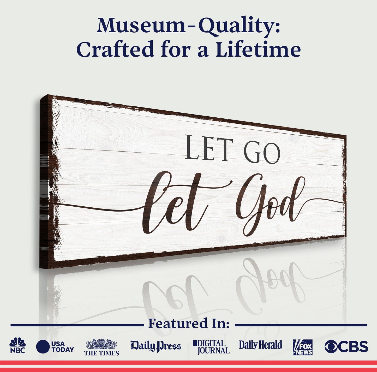 Let Go Let God Faith Sign II canvas on rustic whitewashed wood backdrop on Tampa Home & Garden Store