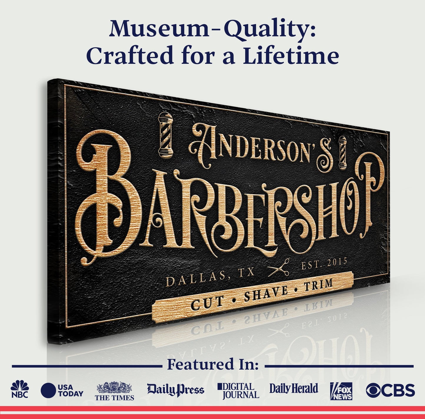 Personalized Barbershop Sign crafting canvas by Tailored Canvases with gold lettering on black surface on Tampa Home & Garden Store