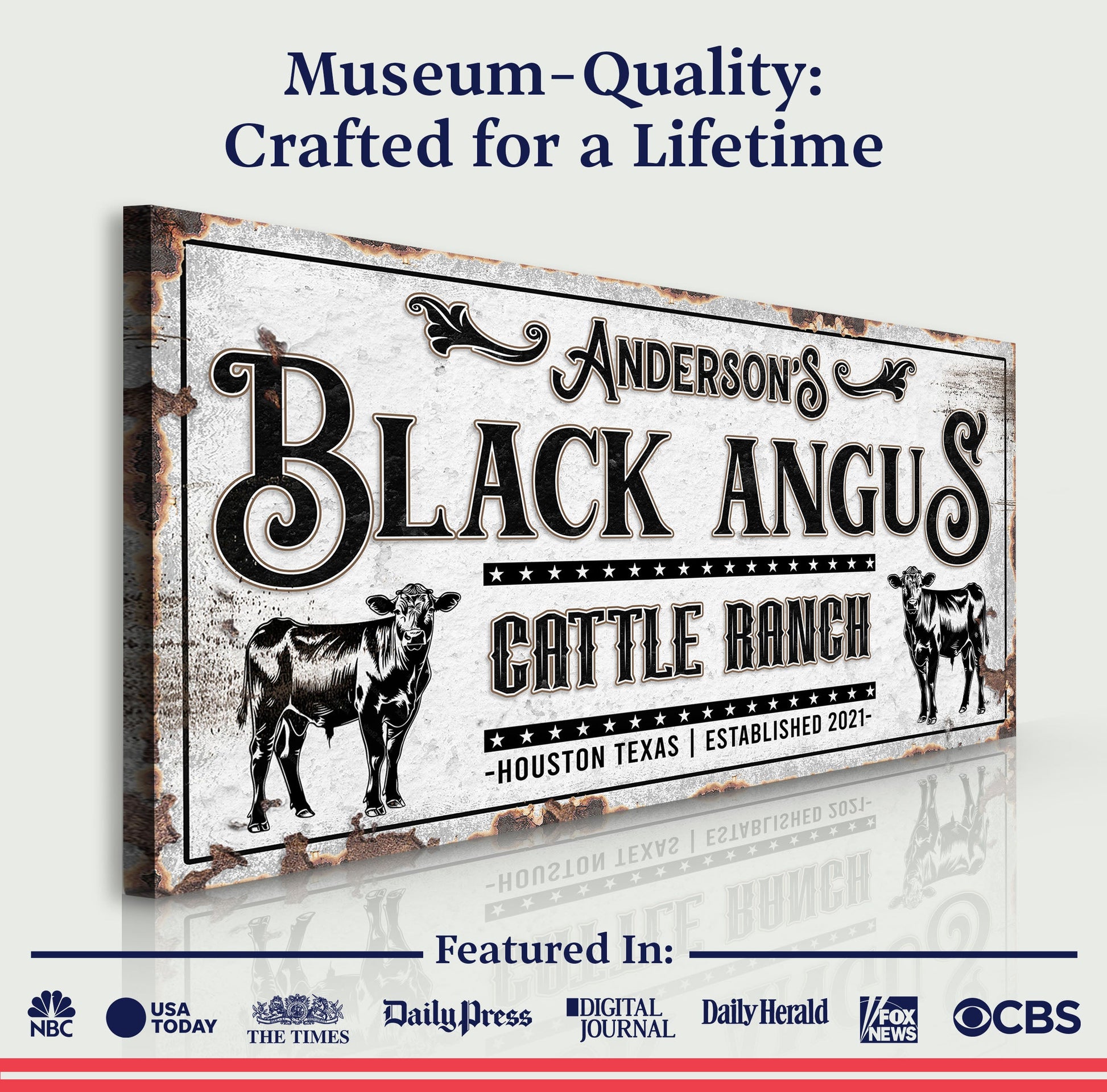 Personalized Black Angus cattle sign on rustic canvas with vintage typography and cow artwork on Tampa Home & Garden Store