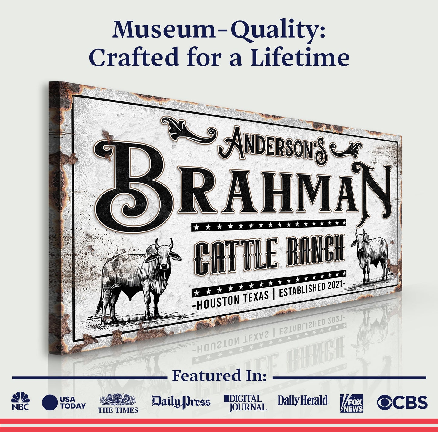 Canvas sign Personalized Brahman Cattle with vintage border by Tailored Canvases on Tampa Home & Garden Store