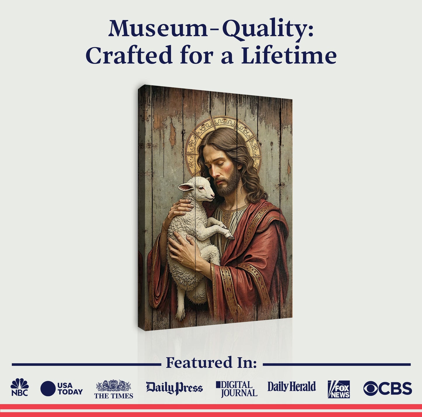 Jesus The Good Shepherd canvas wall art by Tailored Canvases with rustic wood panel backdrop on Tampa Home & Garden Store