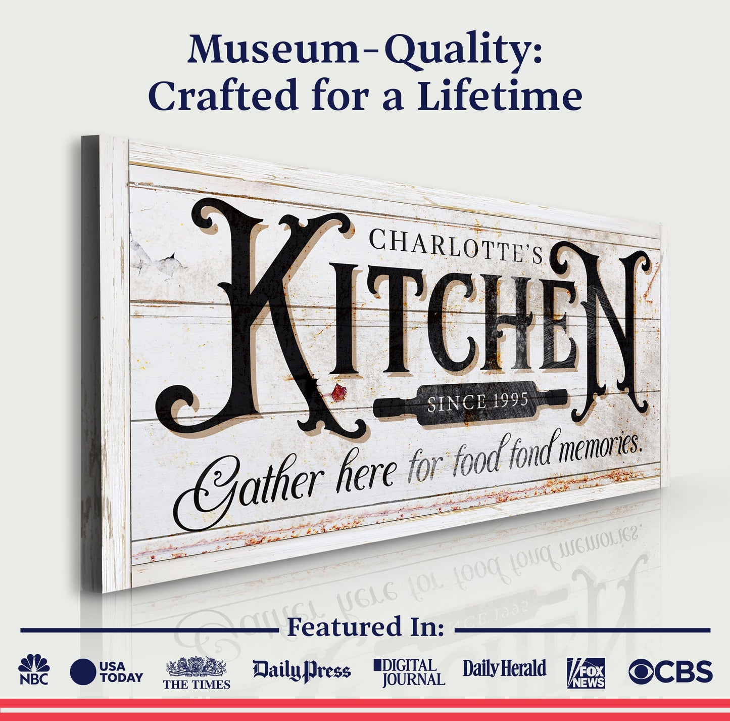 Kitchen Sign XII canvas with distressed white wood and bold black typography Tailored Canvases on Tampa Home & Garden Store
