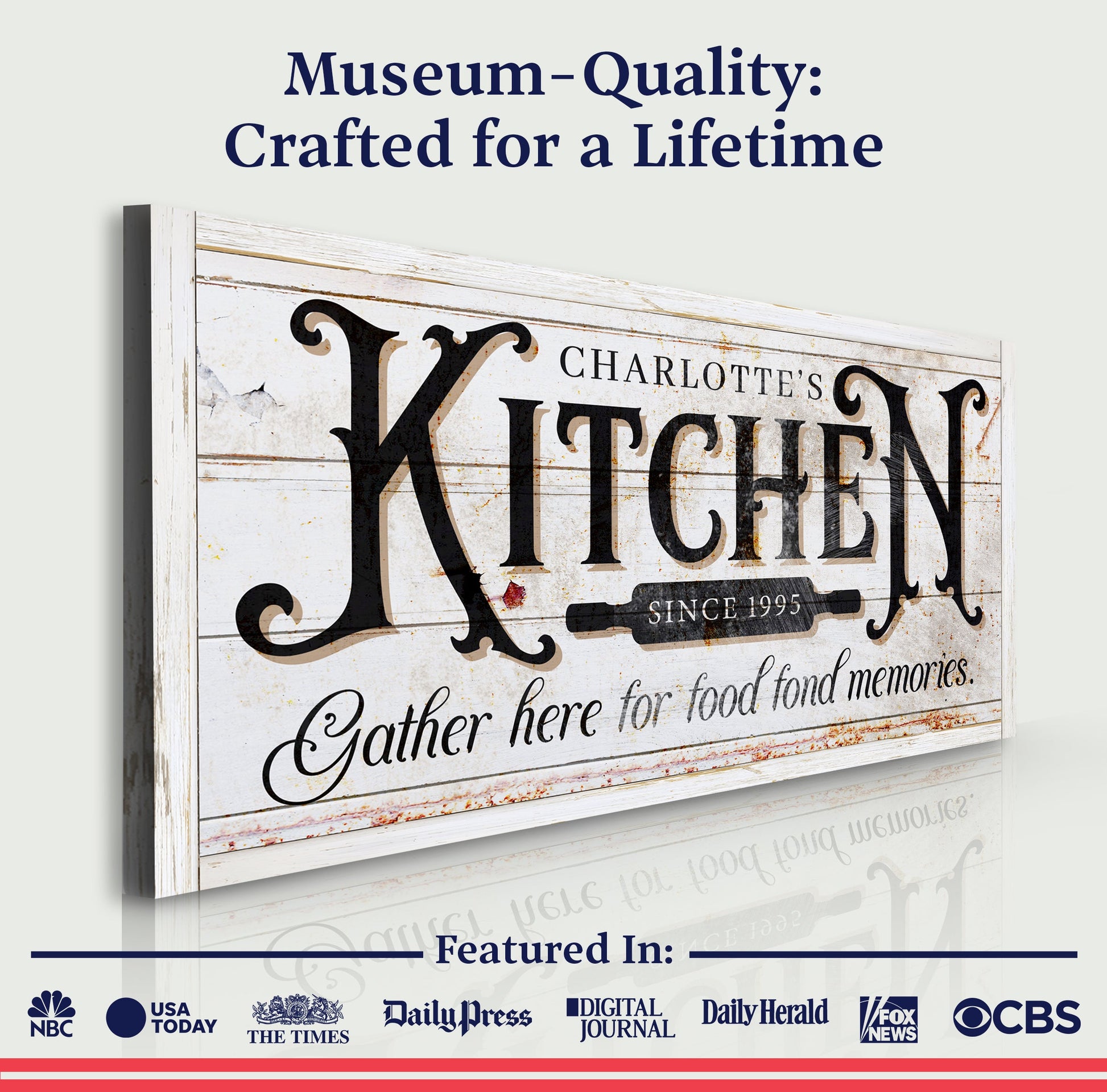 Kitchen Sign XII canvas with distressed white wood and bold black typography Tailored Canvases on Tampa Home & Garden Store