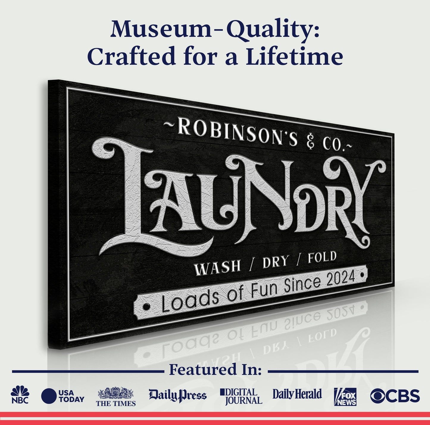 Laundry Room Sign V canvas with ornate white lettering on black textured board on Tampa Home & Garden Store