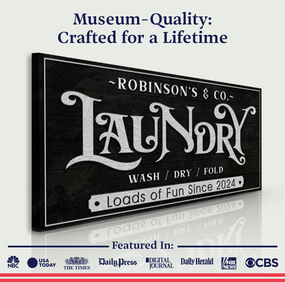 Laundry Room Sign V canvas with ornate white lettering on black textured board on Tampa Home & Garden Store