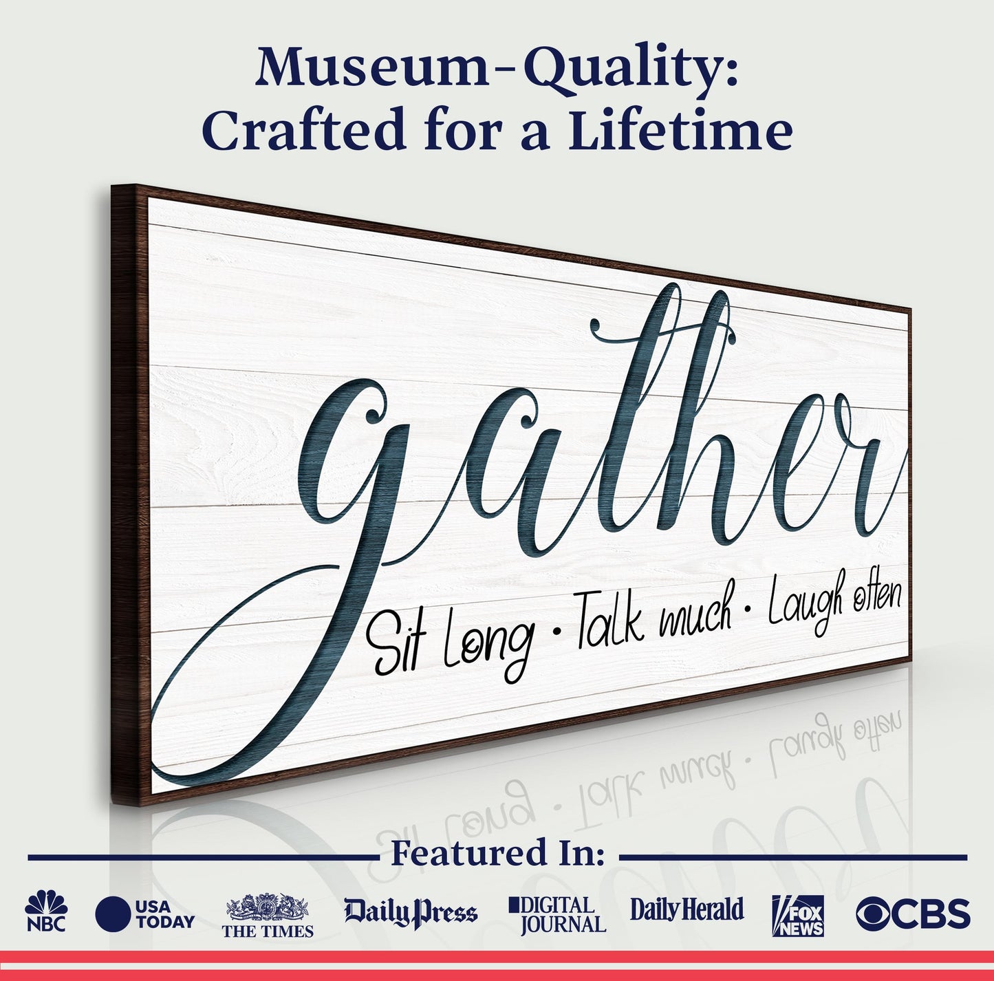 Gather Sign V canvas by Tailored Canvases with dark wood frame and whitewashed background on Tampa Home & Garden Store