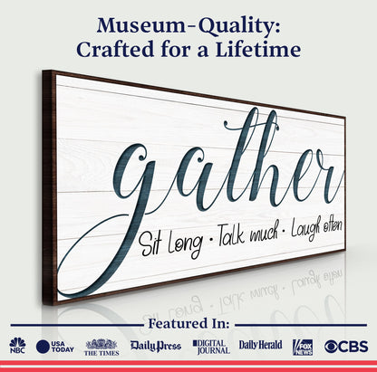 Gather Sign V canvas by Tailored Canvases with dark wood frame and whitewashed background on Tampa Home & Garden Store