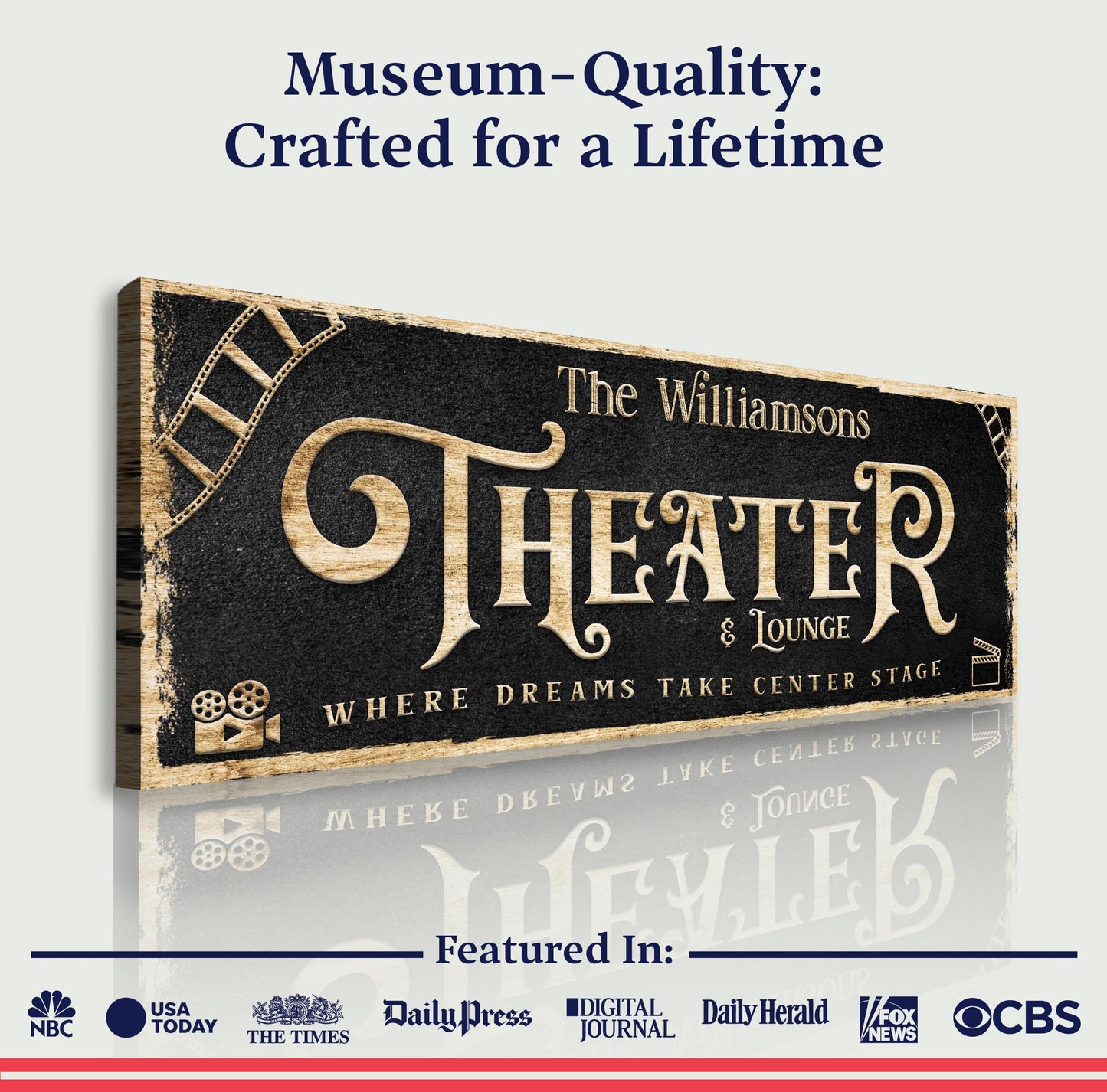 Theater Sign VI canvas with black chalkboard look, gold lettering, wood frame Tailored Canvases on Tampa Home & Garden Store