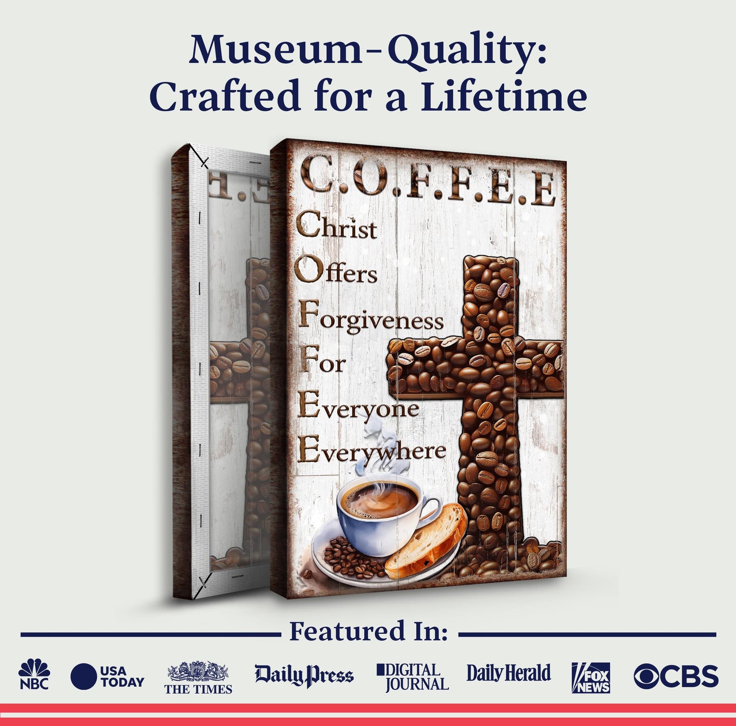 Our C.O.F.F.E.E Faith Sign V canvas by Tailored Canvases with coffee bean imagery on Tampa Home & Garden Store
