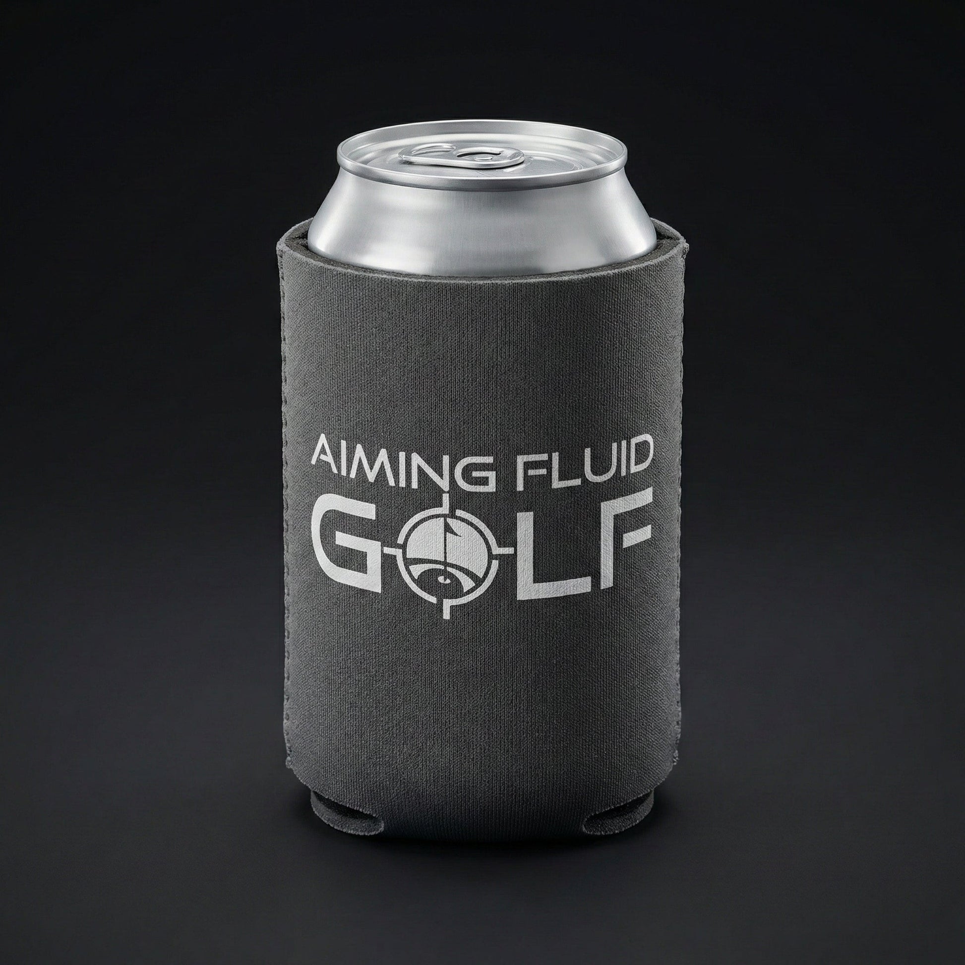 Brewski Koozie golf can in gray neoprene sleeve with Aiming Fluid Golf logo on Tampa Home & Garden Store