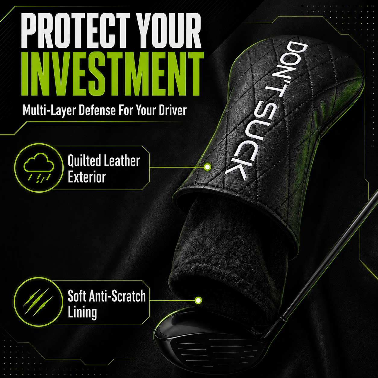 Don’t Suck Driver Headcover by Aiming Fluid Golf, premium black quilted leather exterior 460cc on Tampa Home & Garden Store