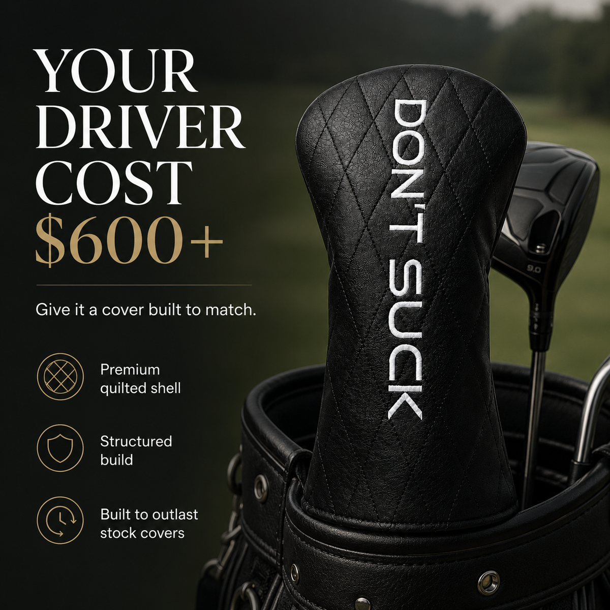 Don’t Suck Driver Headcover premium black diamond-quilted for 460cc drivers on Tampa Home & Garden Store