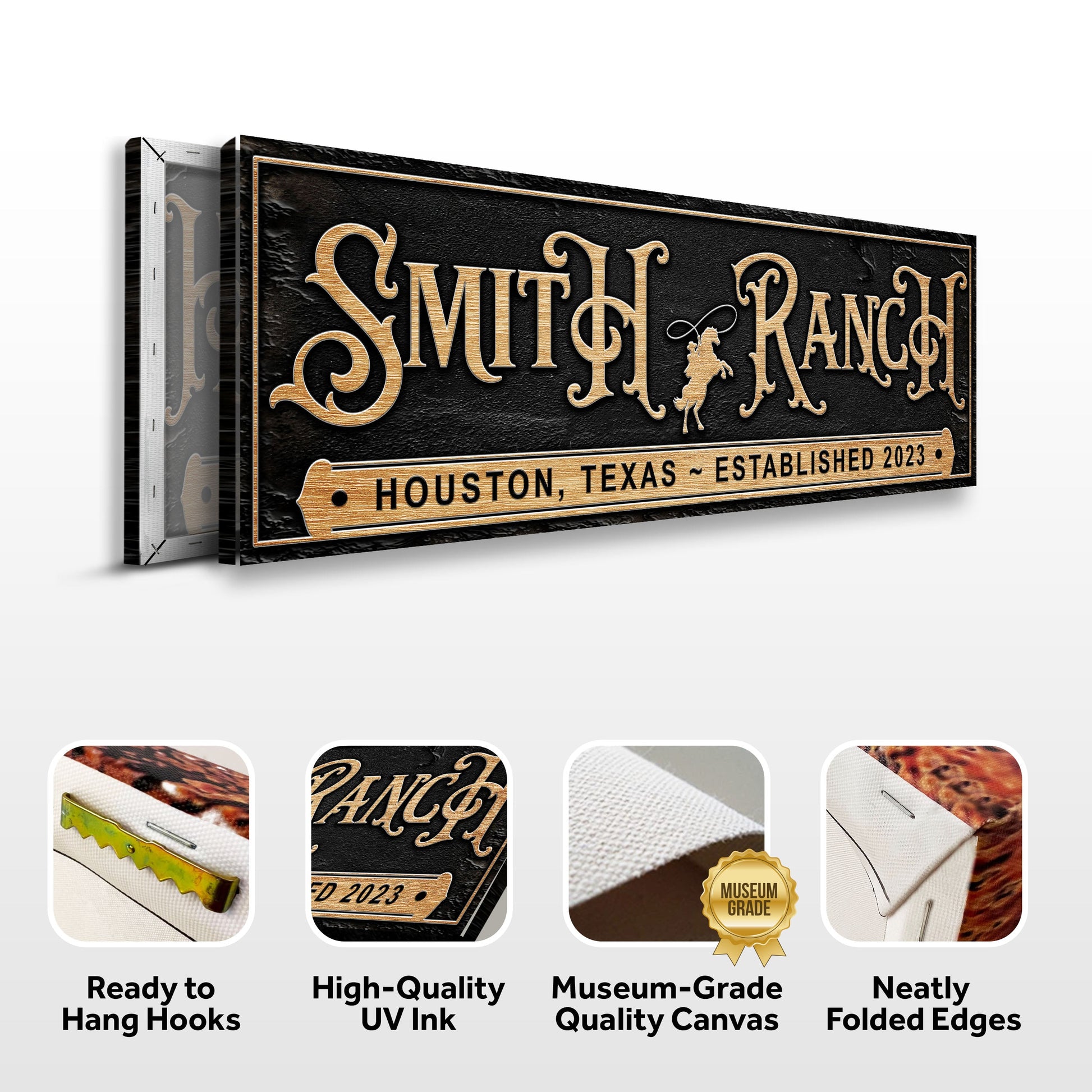 Canvas sign Personalized Horse Ranch by Tailored Canvases with lettering and horse motif on Tampa Home & Garden Store