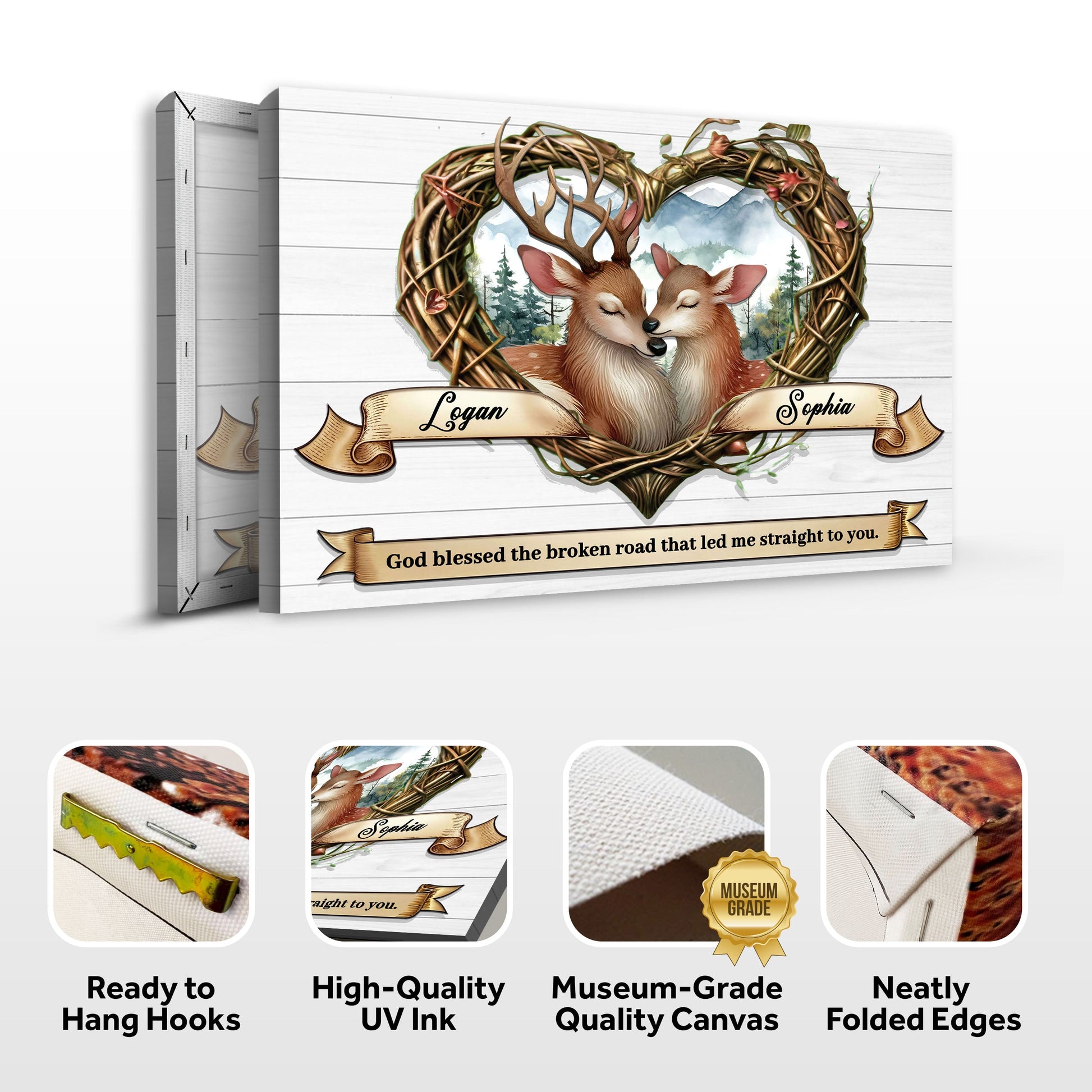 Canvas Couple Deer Sign IV by Tailored Canvases with two deer in a woven heart wreath on Tampa Home & Garden Store