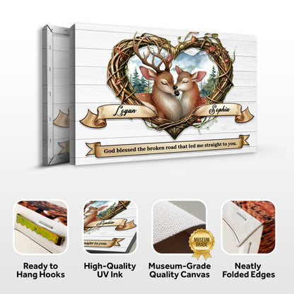 Canvas Couple Deer Sign IV by Tailored Canvases with two deer in a woven heart wreath on Tampa Home & Garden Store