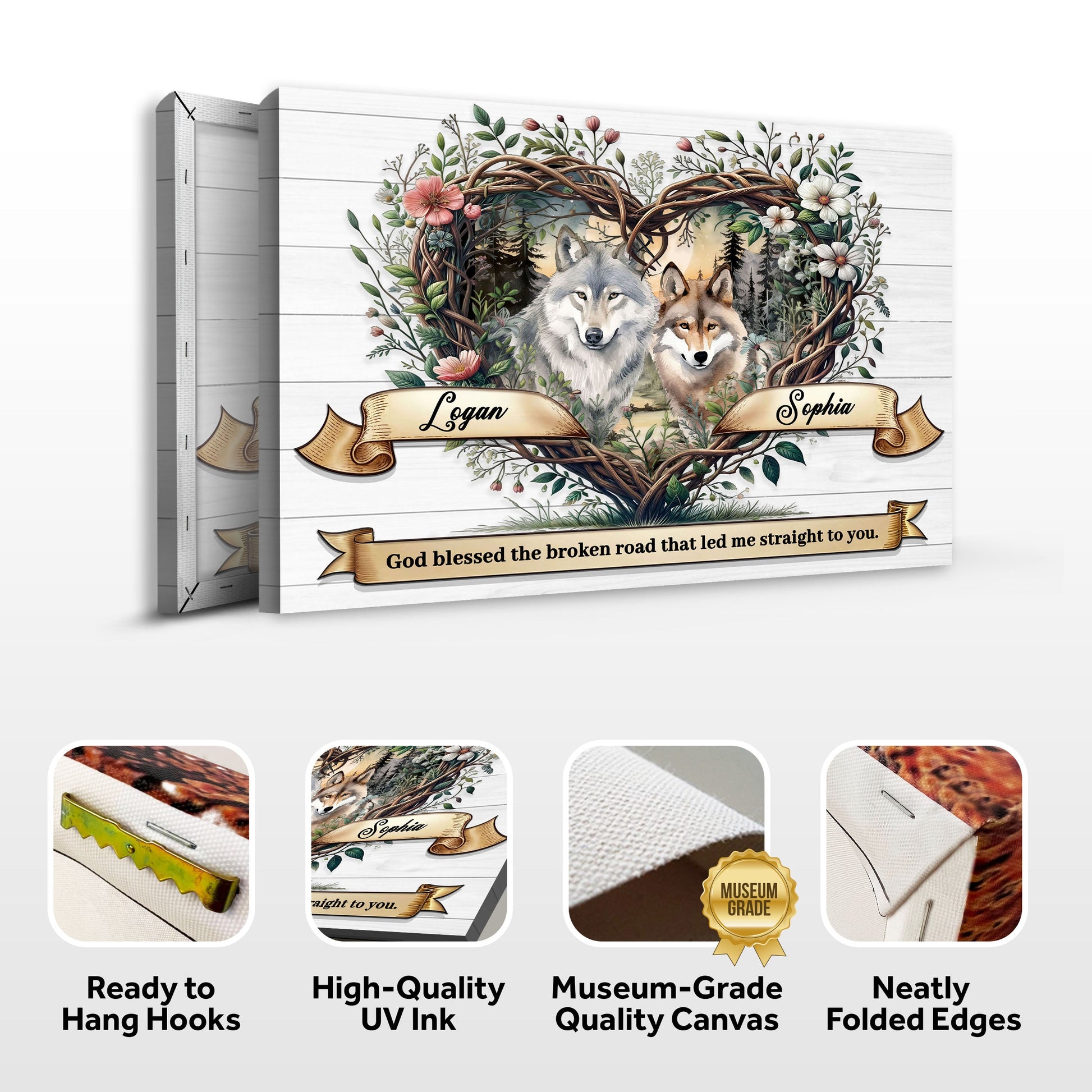 Couple Wolves Sign canvas with two wolves in a heart-shaped floral wreath on white wood on Tampa Home & Garden Store