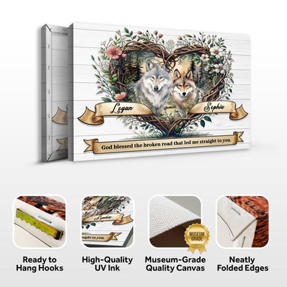Couple Wolves Sign canvas with two wolves in a heart-shaped floral wreath on white wood on Tampa Home & Garden Store