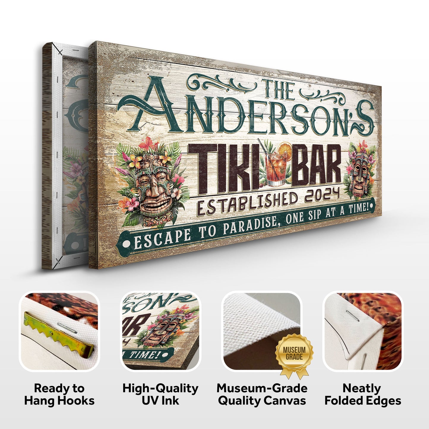 Personalized Tiki Bar Sign III canvas Tailored Canvases with weathered wood and teal lettering on Tampa Home & Garden Store