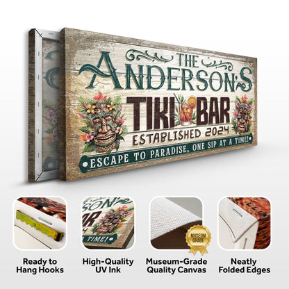 Personalized Tiki Bar Sign III canvas Tailored Canvases with weathered wood and teal lettering on Tampa Home & Garden Store