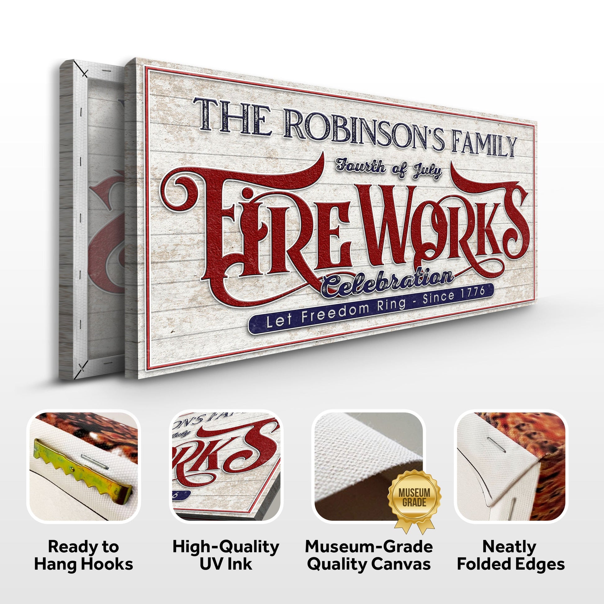 Personalized canvas sign Tailored Canvases with 4th of July Fireworks Celebration, weathered wood on Tampa Home & Garden Store