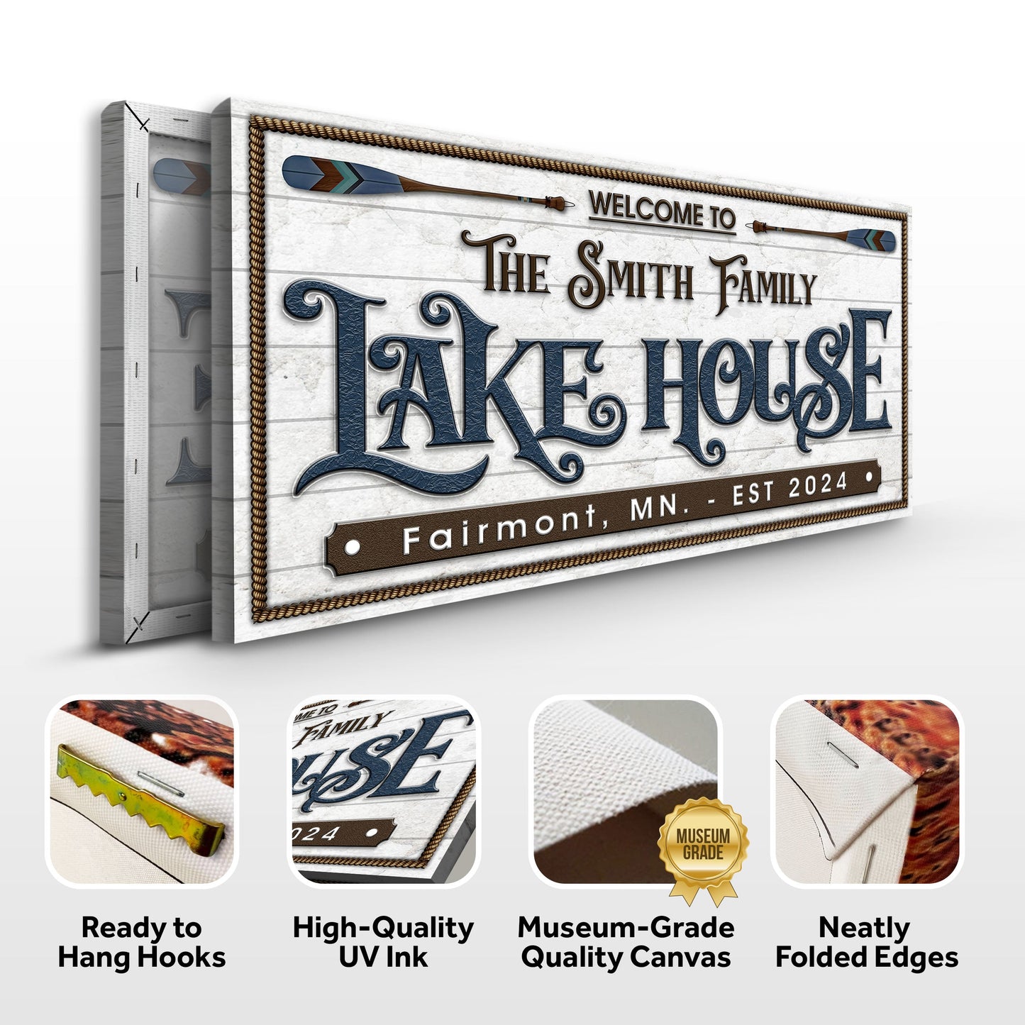 Lake House Sign XII canvas by Tailored Canvases, vintage family sign with rope border on Tampa Home & Garden Store