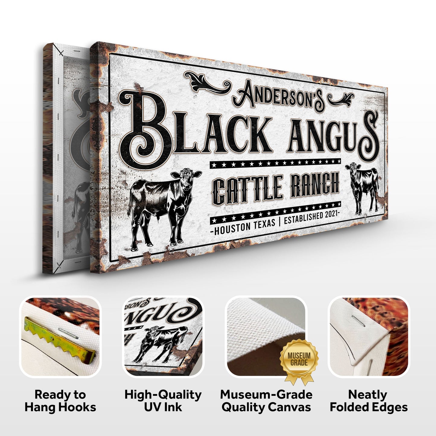Personalized Black Angus Canvas sign with rustic finish and cow silhouettes on Tampa Home & Garden Store
