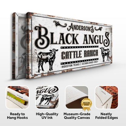Personalized Black Angus Canvas sign with rustic finish and cow silhouettes on Tampa Home & Garden Store