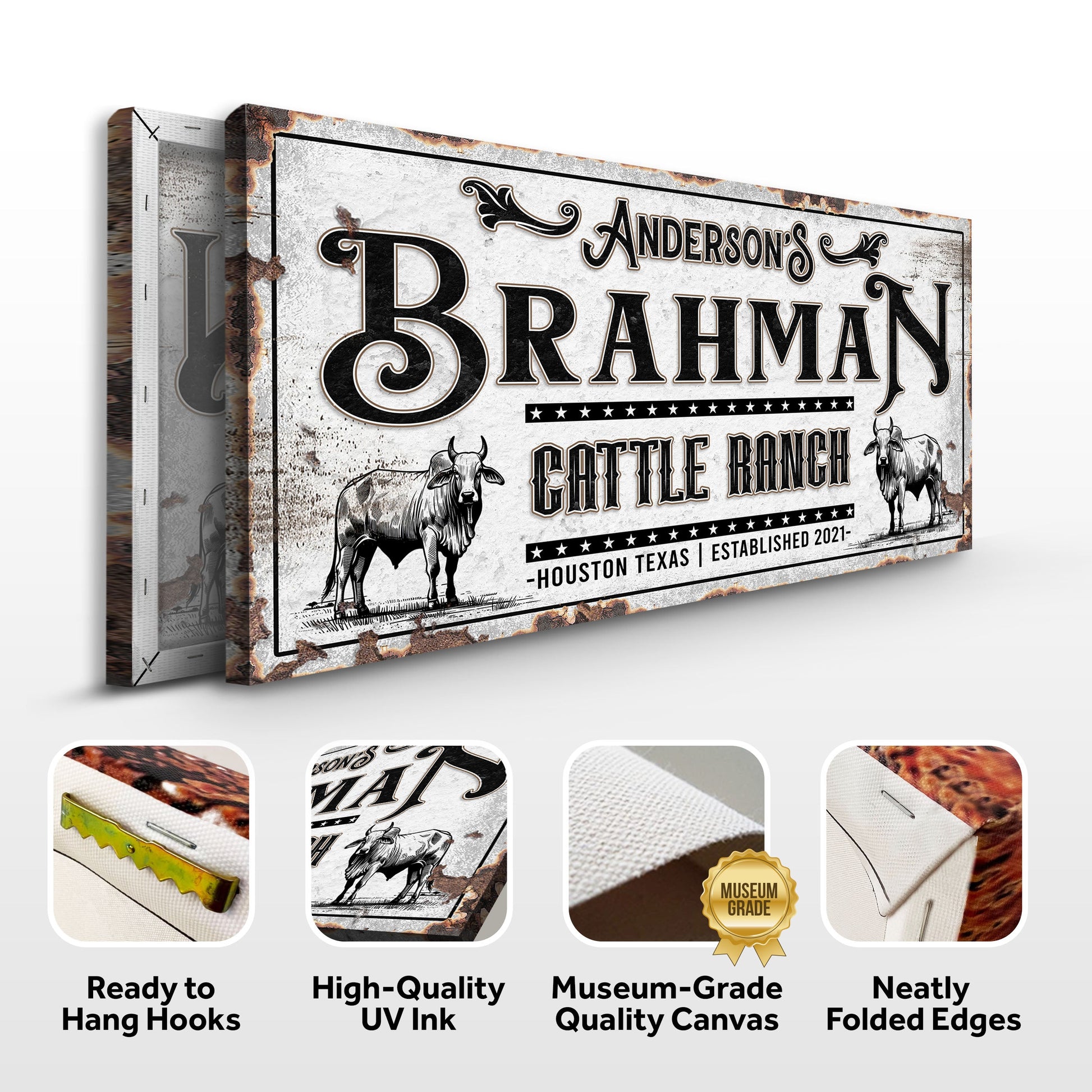 Personalized Brahman Cattle Sign canvas with a vintage rustic border on Tampa Home & Garden Store