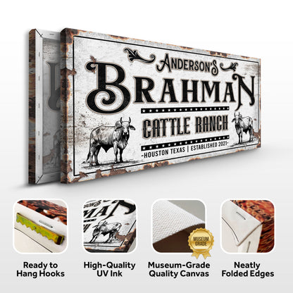 Personalized Brahman Cattle Sign canvas with a vintage rustic border on Tampa Home & Garden Store