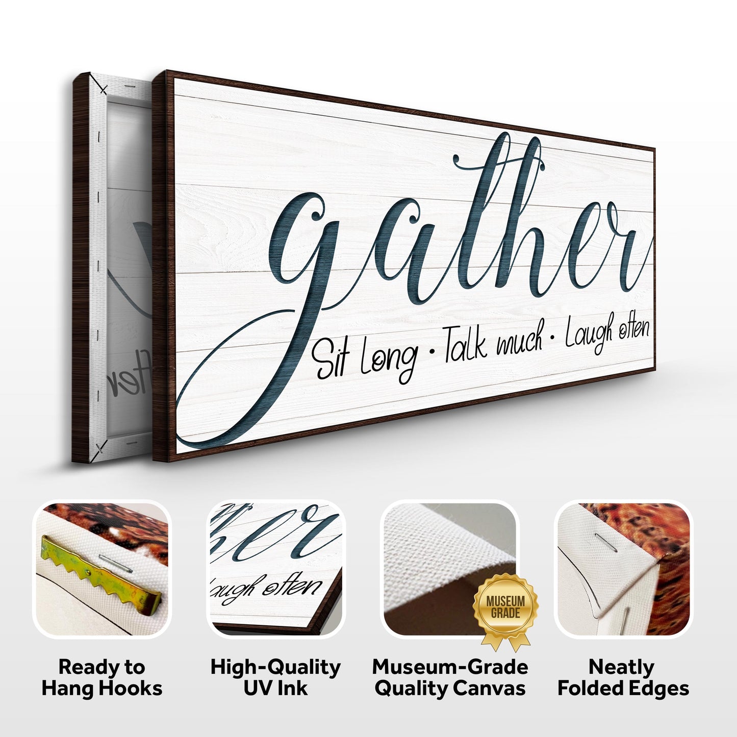 Gather Sign V canvas crafting sign with whitewashed planks and dark teal script, wood frame on Tampa Home & Garden Store