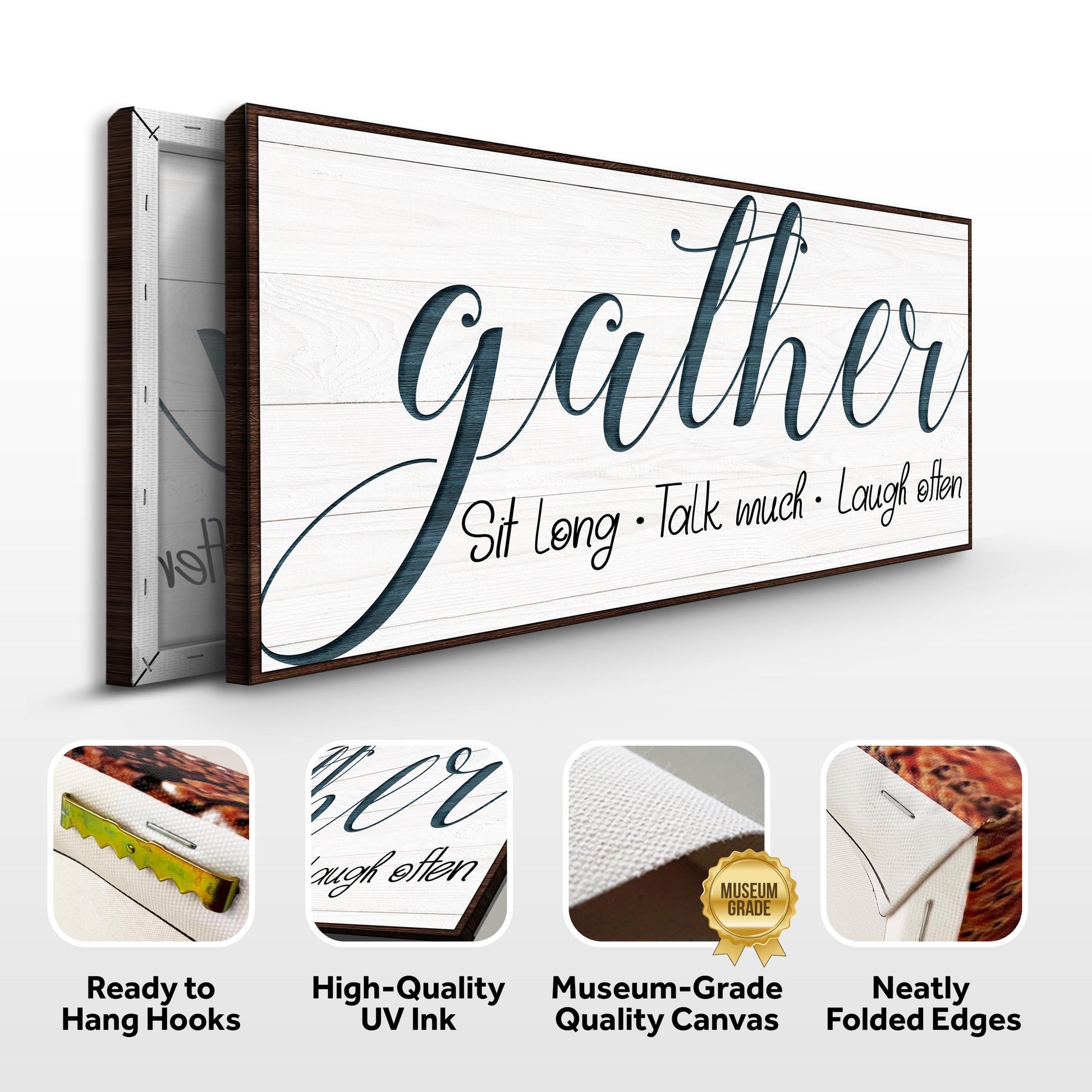 Gather Sign V canvas crafting sign with whitewashed planks and dark teal script, wood frame on Tampa Home & Garden Store