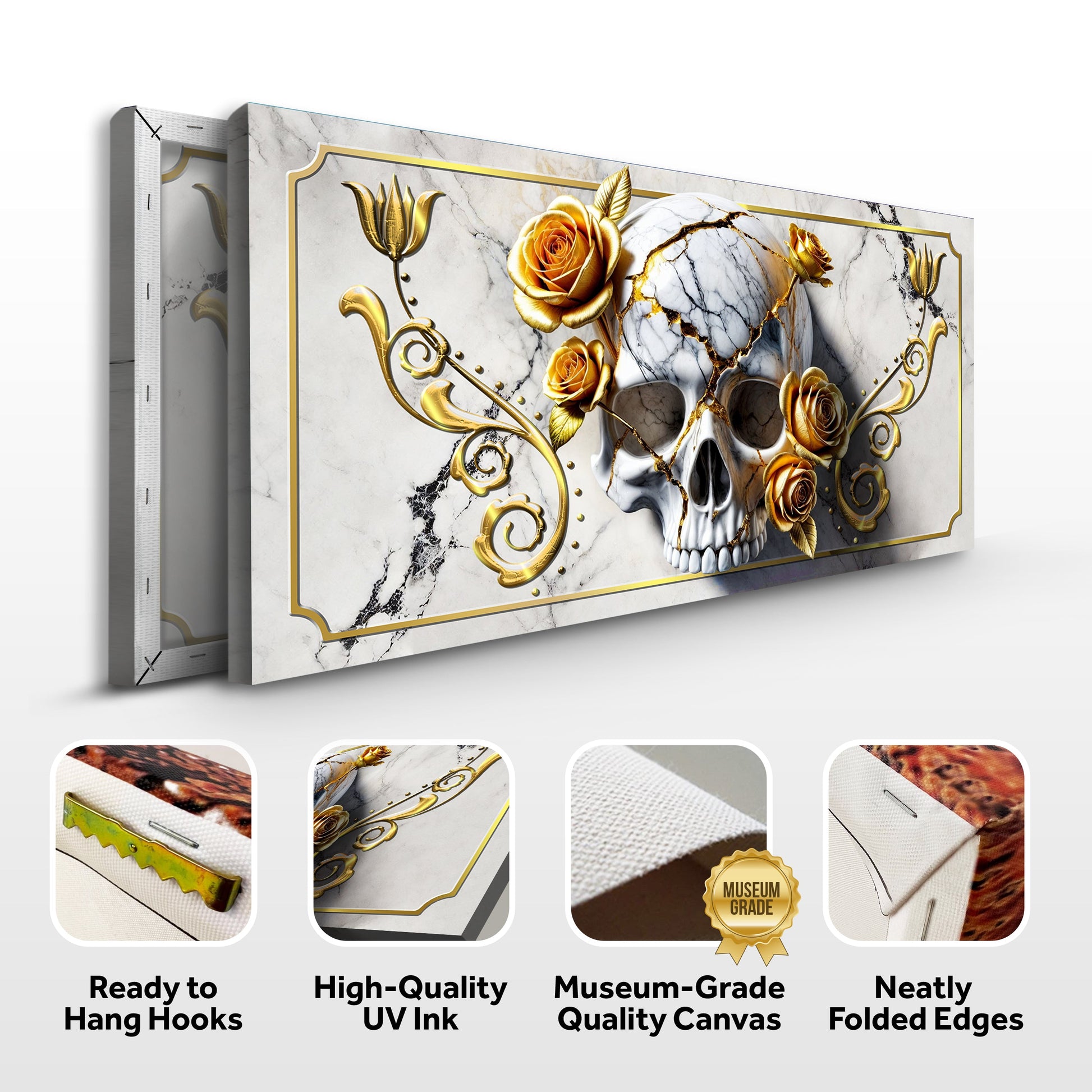 Canvas wall art 3D rose and skull with gold ornate frame on marble backdrop Tailored Canvases on Tampa Home & Garden Store