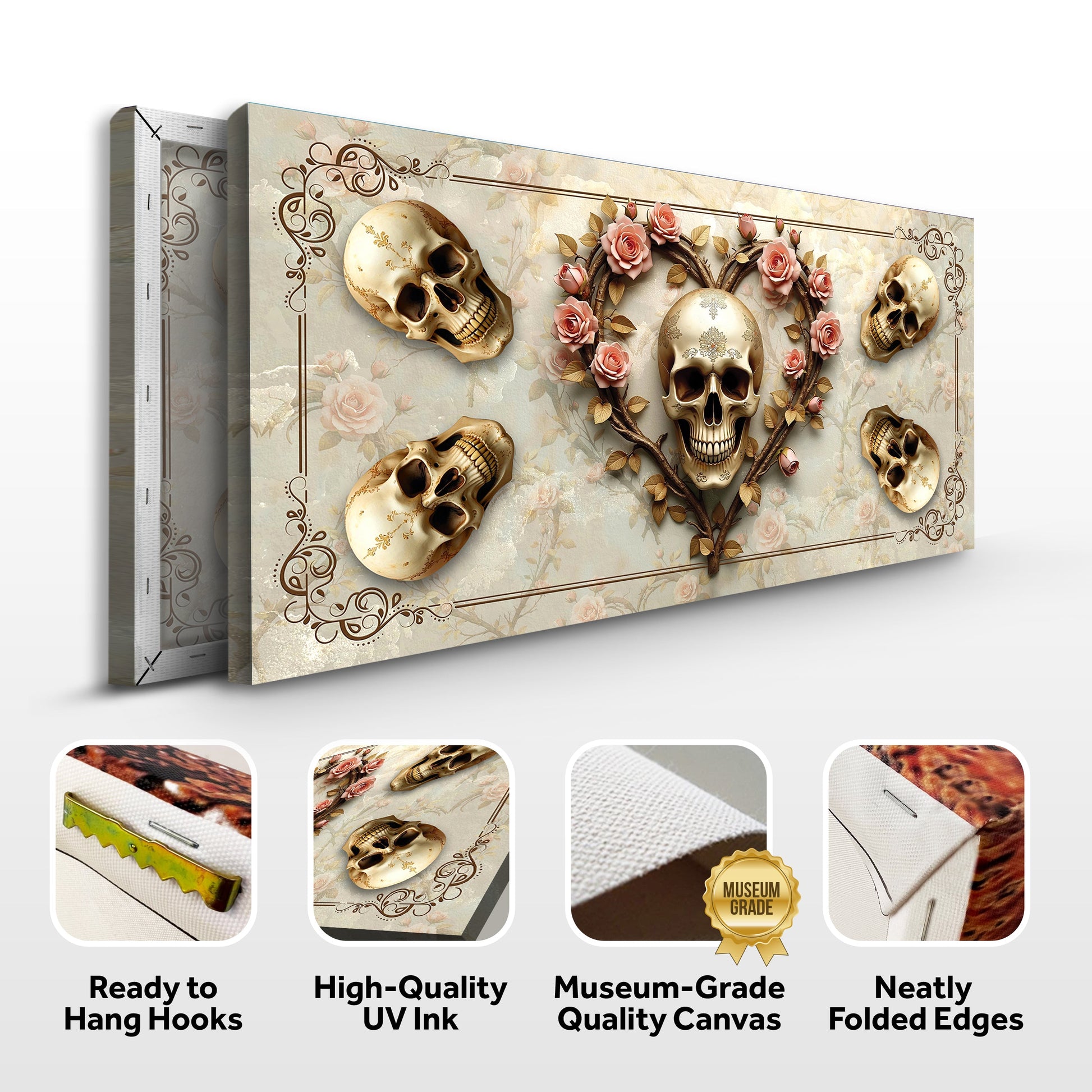 3D Vintage Skull Wall Art canvas with floral wreath in warm beige by Tailored Canvases on Tampa Home & Garden Store