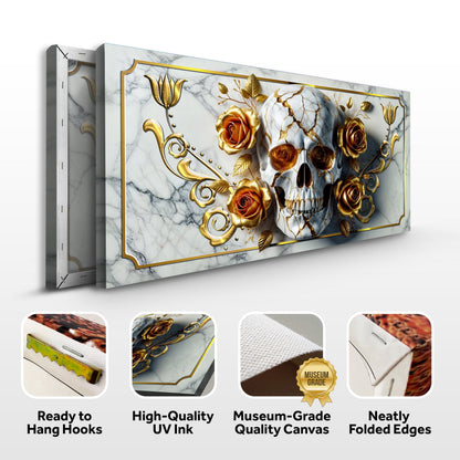 3D Rose and Skull Wall Art II canvas by Tailored Canvases with gold roses on marble backdrop on Tampa Home & Garden Store