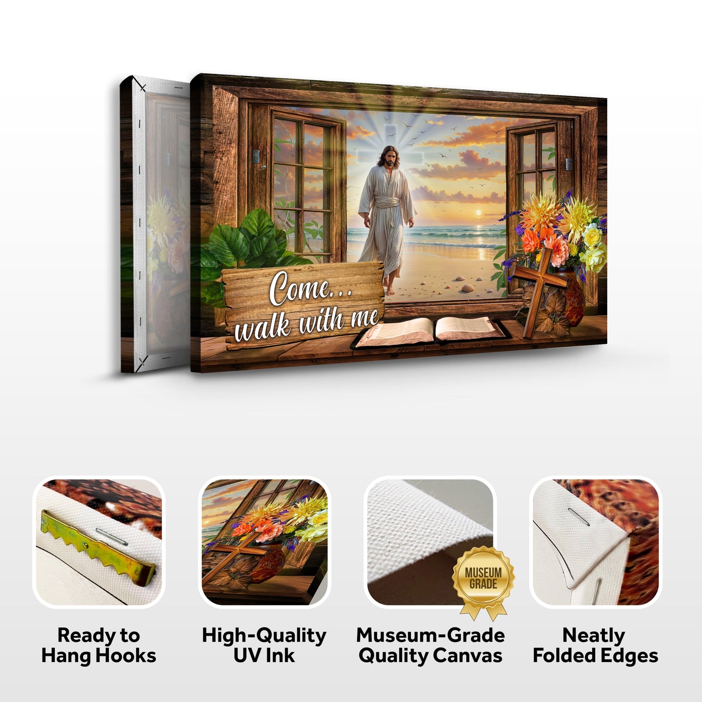 Come Walk With Me Jesus Faith Sign canvas by Tailored Canvases, wood-framed with beach scene on Tampa Home & Garden Store