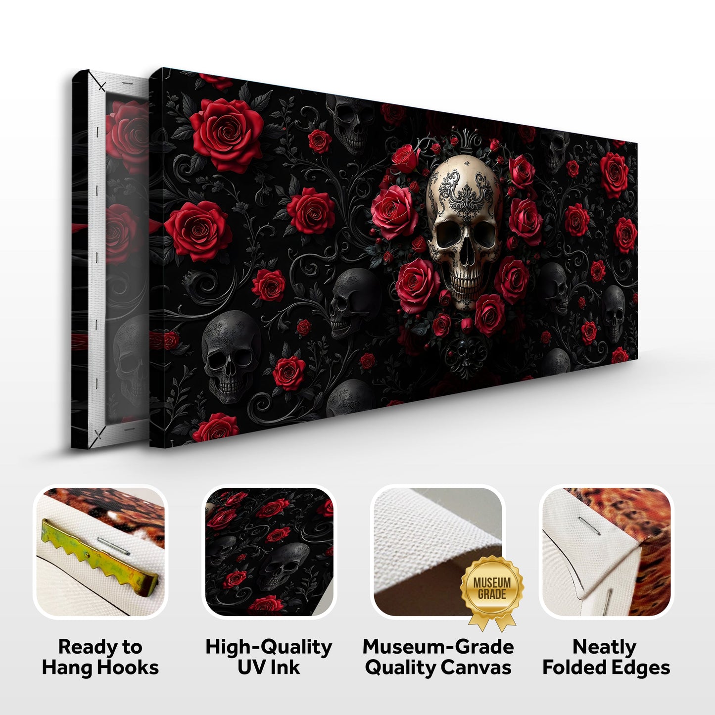 3D Rose and Skull Wall Art III canvas by Tailored Canvases black background red roses and skulls on Tampa Home & Garden Store